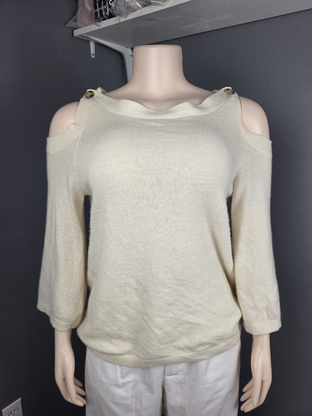 Ann Taylor Cream Cold-Shoulder Sweater with Button Straps